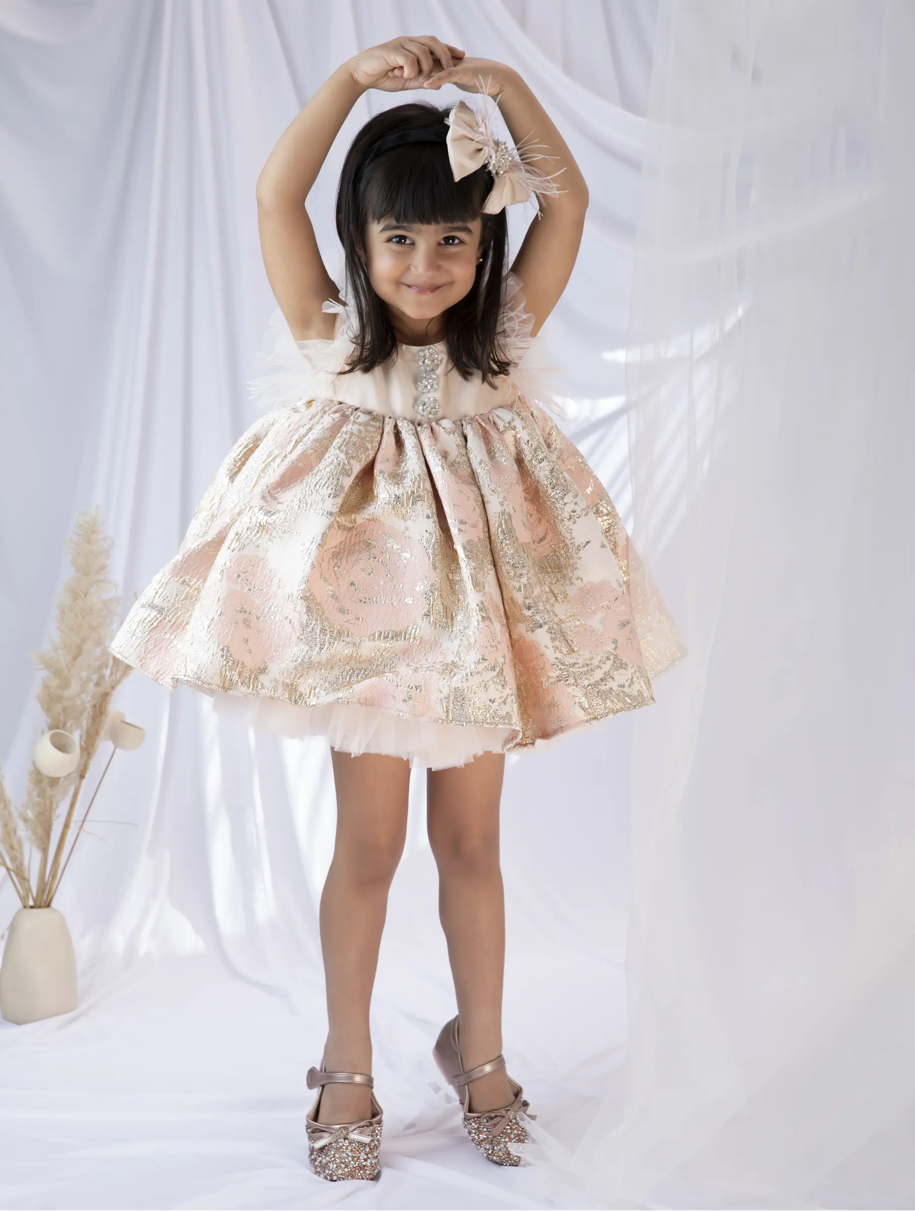 Blush Peach Jacquard Party Dress | The Bean Walk Blush Peach Jacquard Party Dress | The Bean Walk