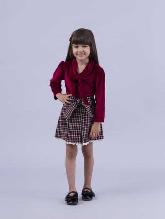 Maroon Tie-Up Top with Checkered Skirt - Chic Set