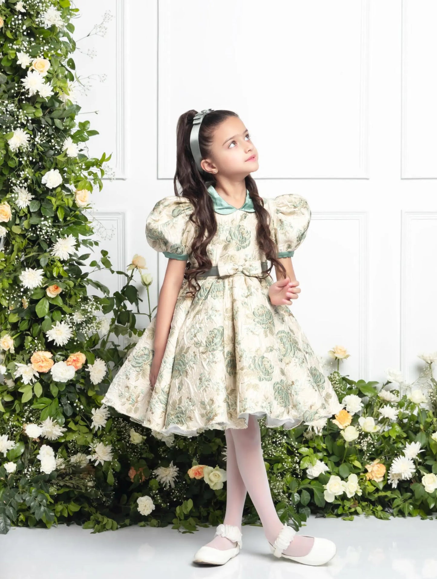 Claire Mint Green Dress | Girls Party Dress with Satin Collar & Bow Details