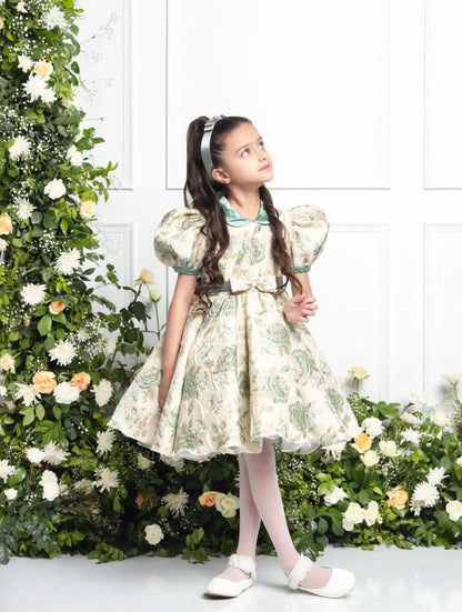 Claire Mint Green Dress | Girls Party Dress with Satin Collar & Bow Details