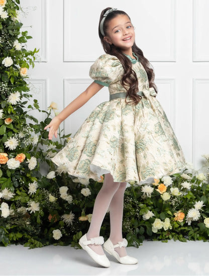 Claire Mint Green Dress | Girls Party Dress with Satin Collar & Bow Details