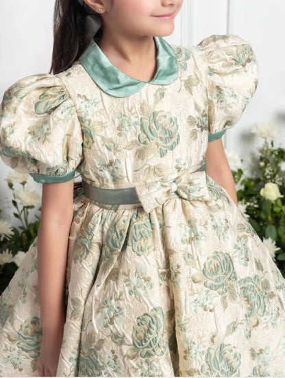 Claire Mint Green Dress | Girls Party Dress with Satin Collar & Bow Details