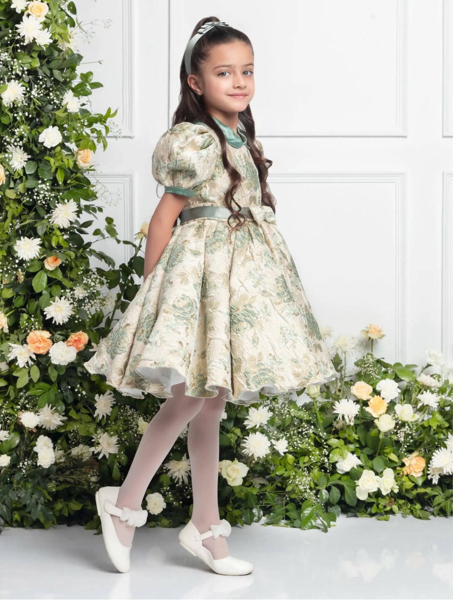 Claire Mint Green Dress | Girls Party Dress with Satin Collar & Bow Details