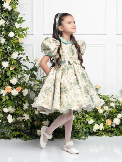 Claire Mint Green Dress | Girls Party Dress with Satin Collar & Bow Details