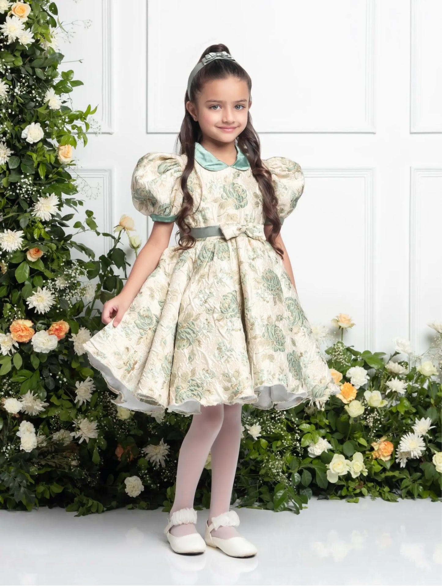 Claire Mint Green Dress | Girls Party Dress with Satin Collar & Bow Details