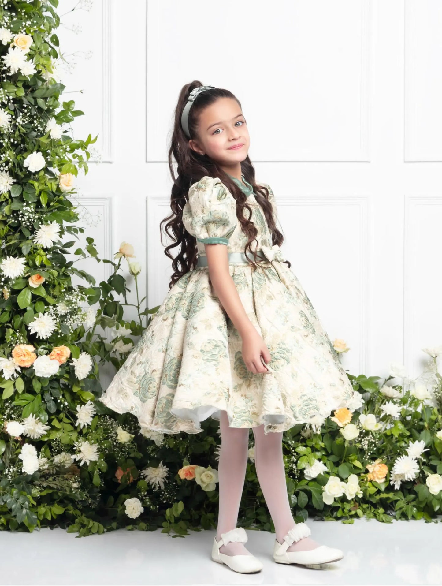 Claire Mint Green Dress | Girls Party Dress with Satin Collar & Bow Details