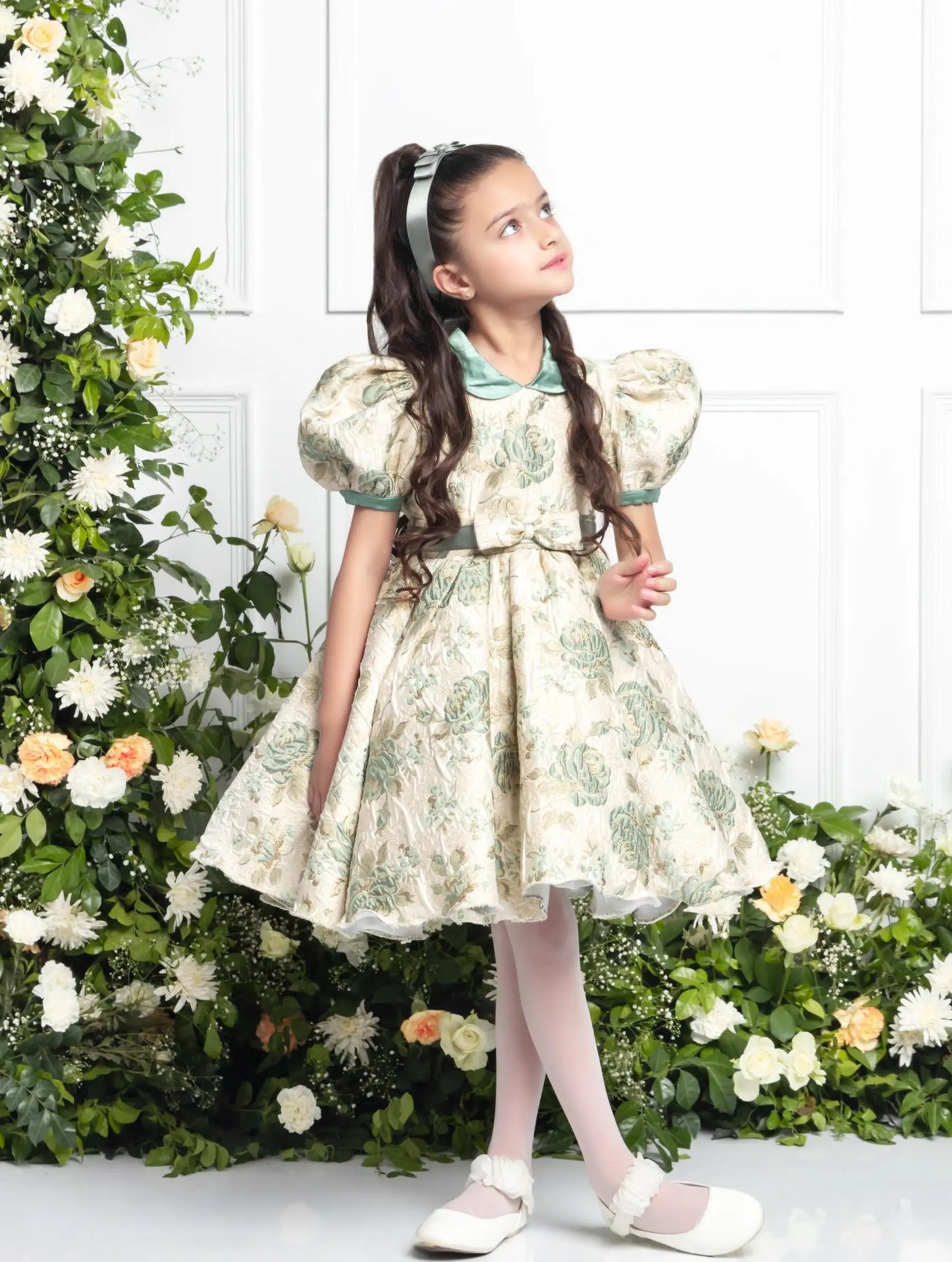 Claire Mint Green Dress | Girls Party Dress with Satin Collar & Bow Details