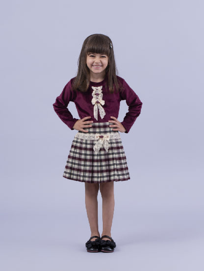 Plum Top & Checkered Skirt Set - Timeless Elegance