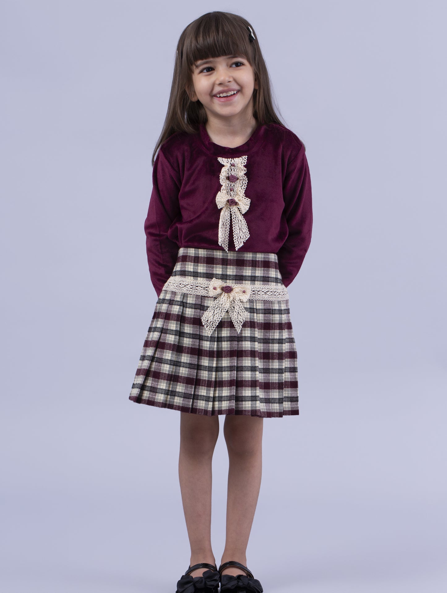 Plum Top & Checkered Skirt Set - Timeless Elegance