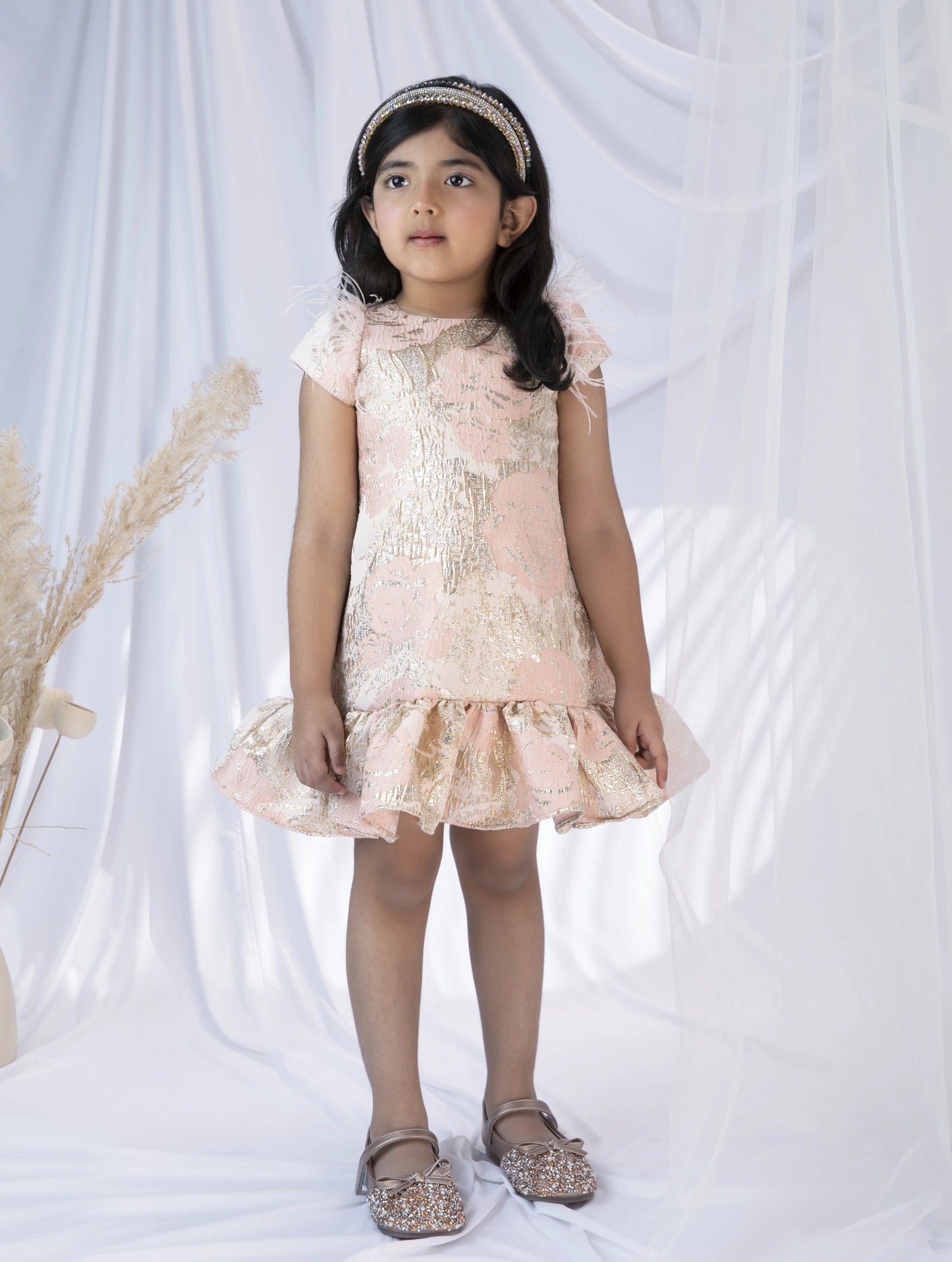 Blush Peach Jacquard Party Dress - With Ruffle