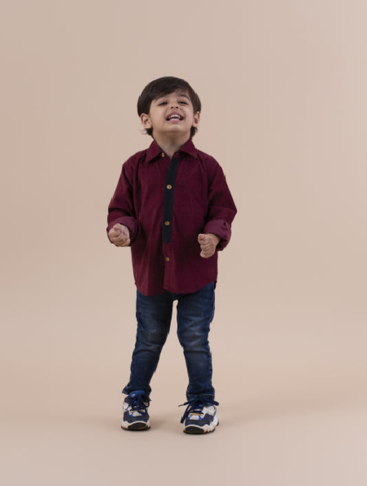 Maroon Velvet Corduroy Button-Up Shirt - Classic Fit