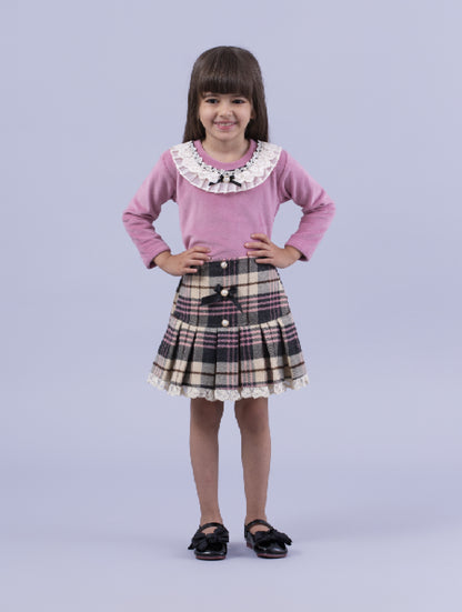 Wisteria Pink Top & Checkered Skirt Set - Sweet & Stylish