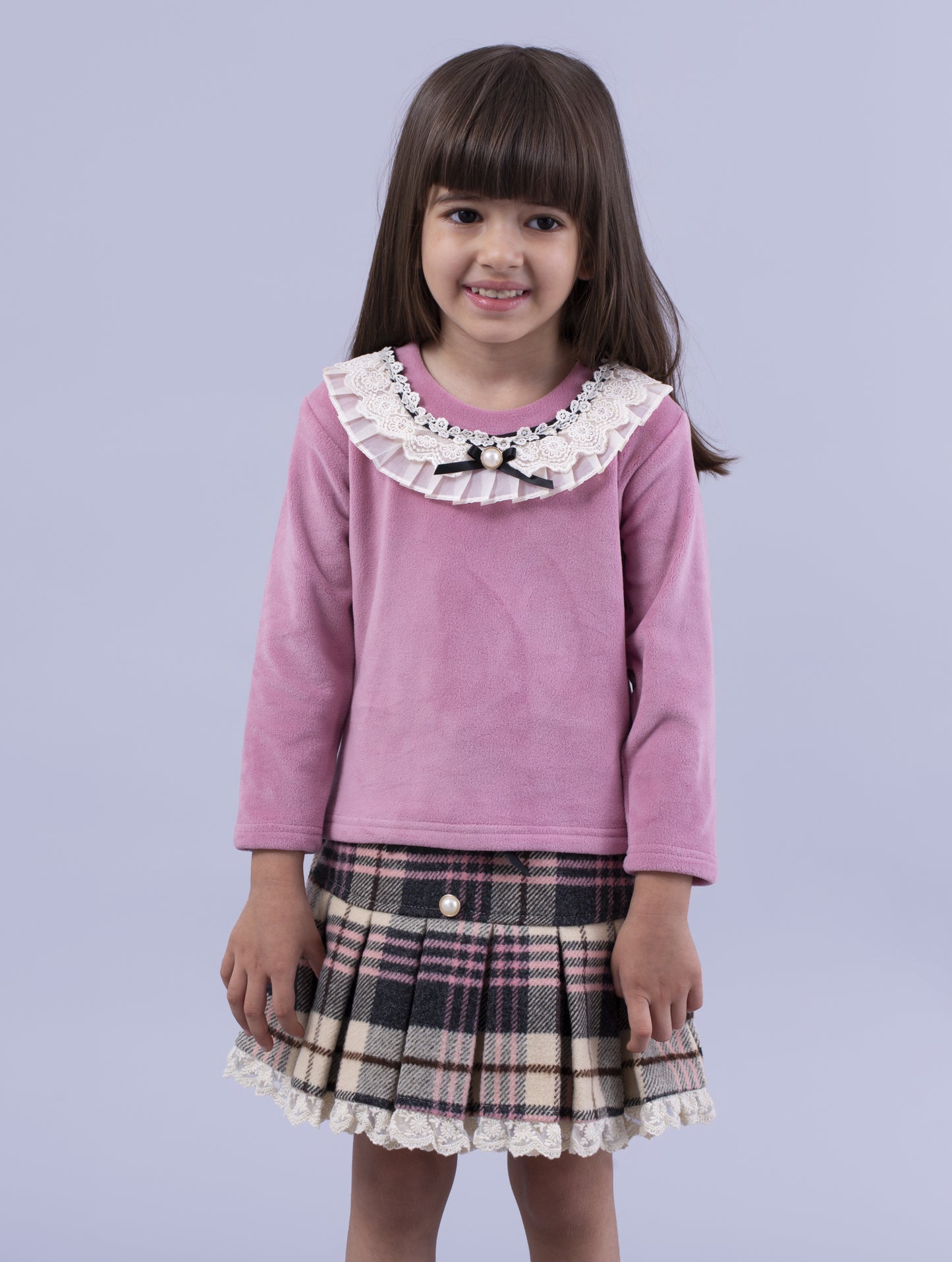 Wisteria Pink Top & Checkered Skirt Set - Sweet & Stylish