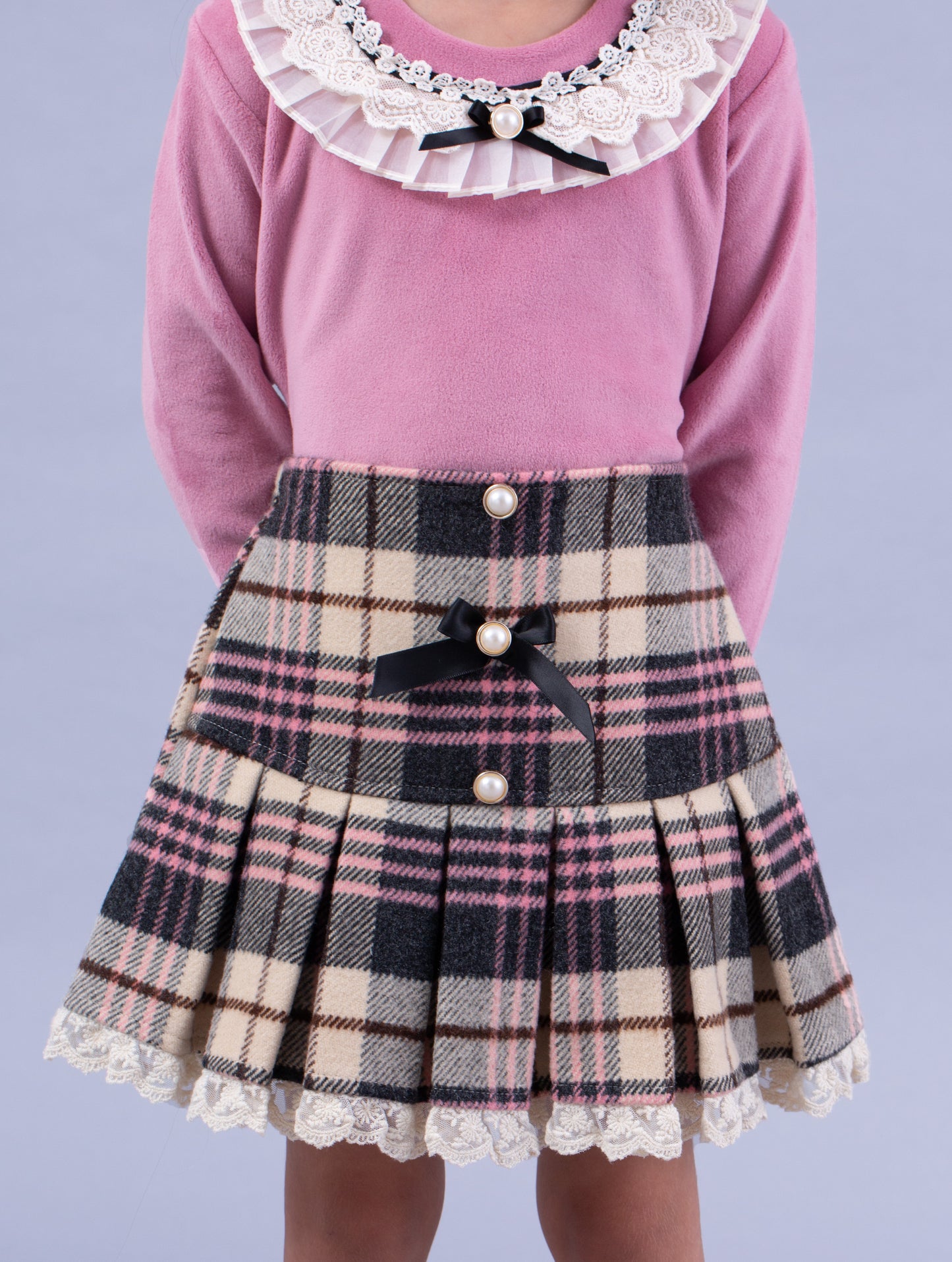 Wisteria Pink Top & Checkered Skirt Set - Sweet & Stylish