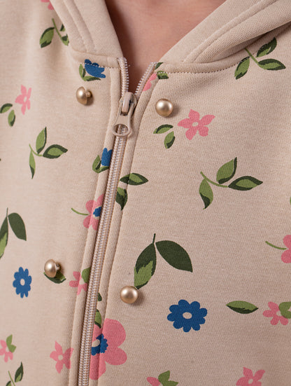 Beige Floral Print Tracksuit - Cozy & Stylish