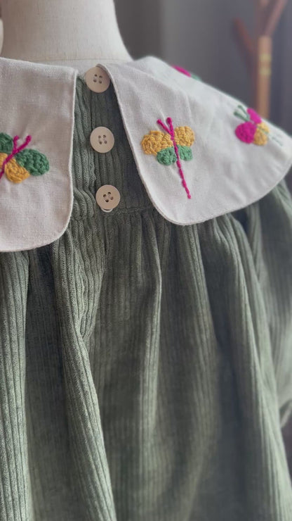 Dragonfly Dress with Floral Details - Olive Green