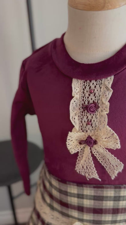 Plum Top & Checkered Skirt Set - Timeless Elegance